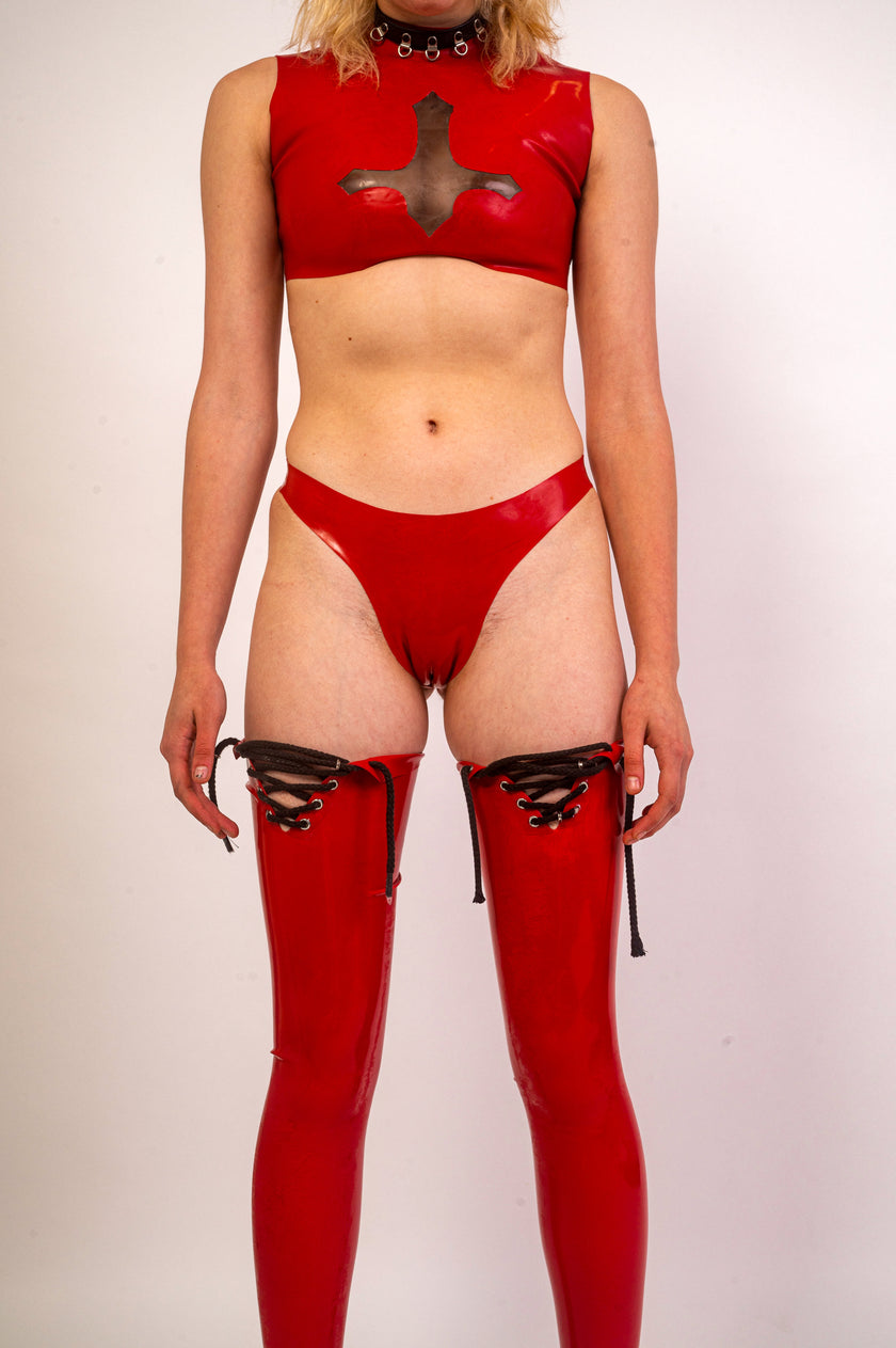High Waisted Latex Thong - Red image 0