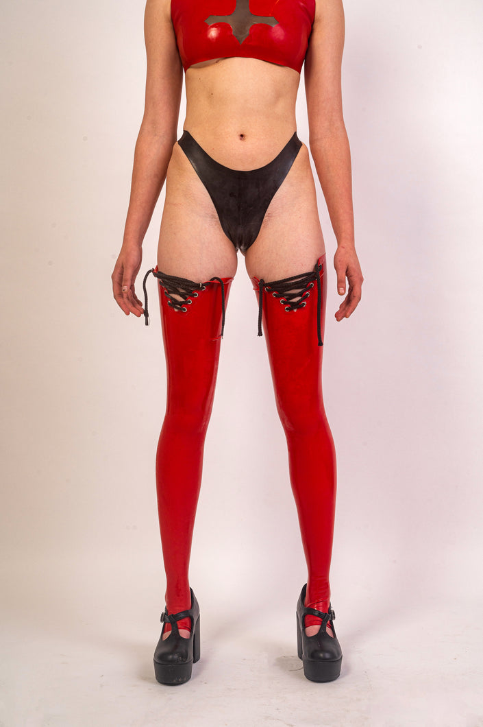 High Waisted Latex Thong - Black image 0
