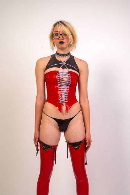 Corp Goth Open Front Latex Corset - Red image 0