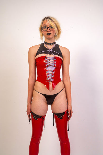 Corp Goth Open Front Latex Corset - Red image 0